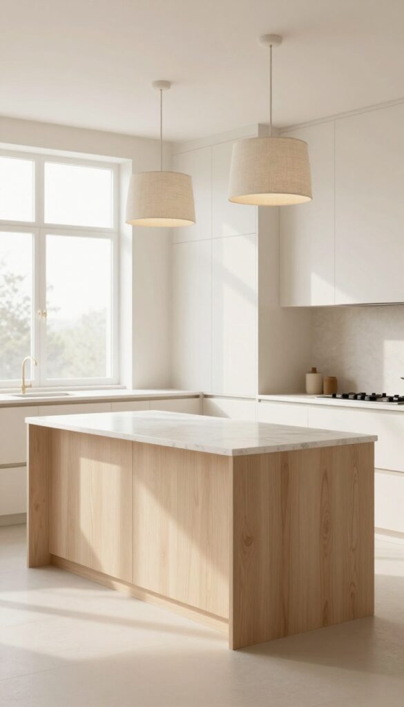 Kitchen island with oversized drum shades in soft cream linen, warm natural light, bright and airy interior design