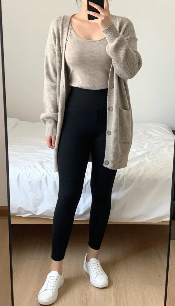 Pregnant woman in matching knit cardigan and tank set with high-waisted trousers and slip-on sneakers, taking a mirror selfie in bedroom.