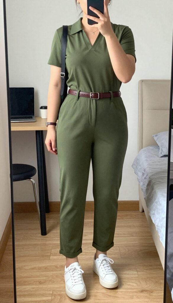 Woman in olive jumpsuit with leather belt, white sneakers, and backpack, taking a mirror selfie in bedroom.