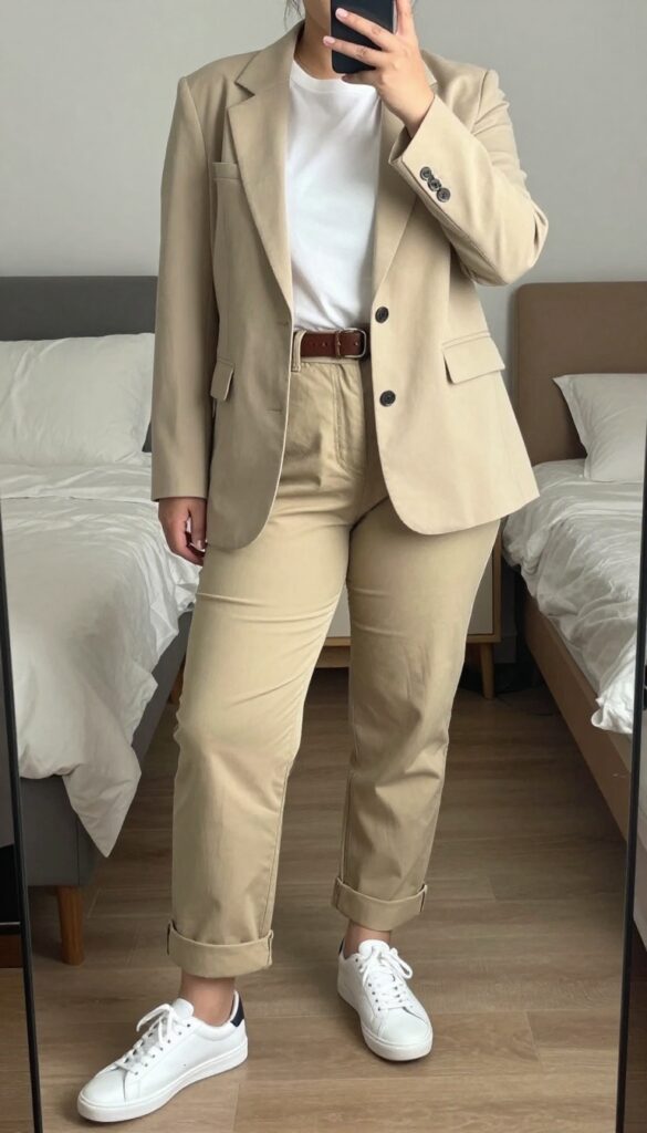 Woman in stone blazer, white tee, khaki chinos, and white sneakers, taking a mirror selfie in a bedroom.