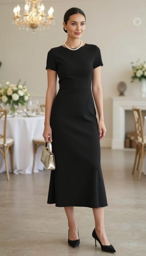 Woman in black column dress with pearl jewelry and metallic clutch at formal ballroom wedding