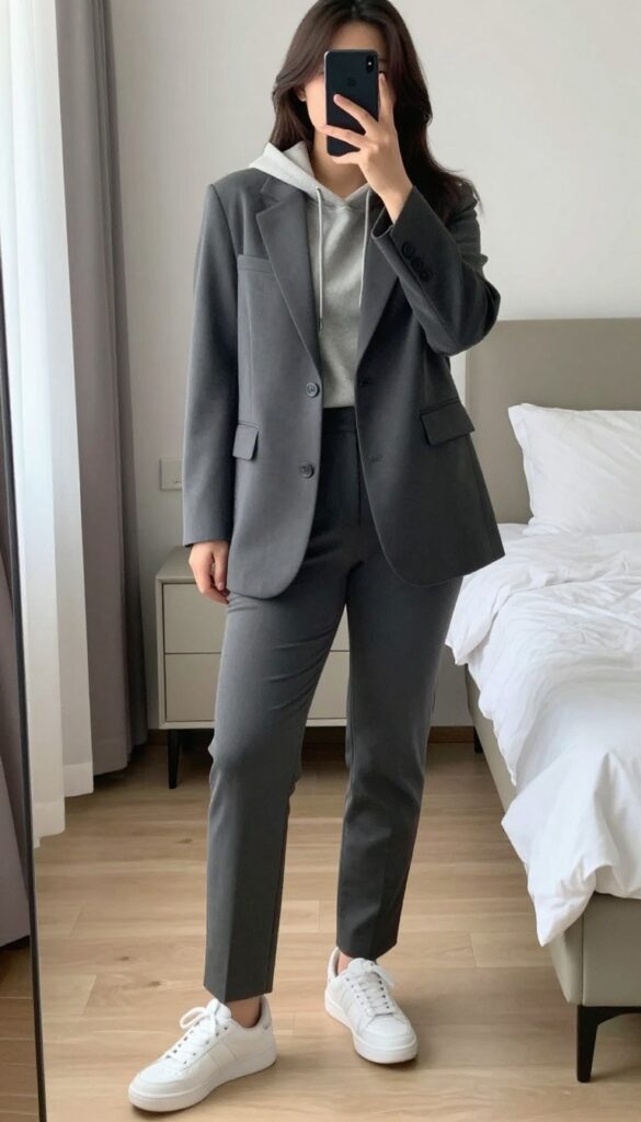 Woman in oversized blazer, hoodie, tailored trousers, and white sneakers, posing in a creative office setting.