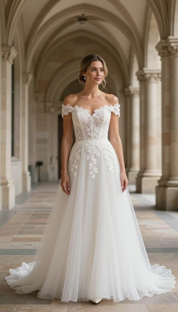 Young adult woman in off-the-shoulder lace ball gown wedding dress standing in a grand cathedral