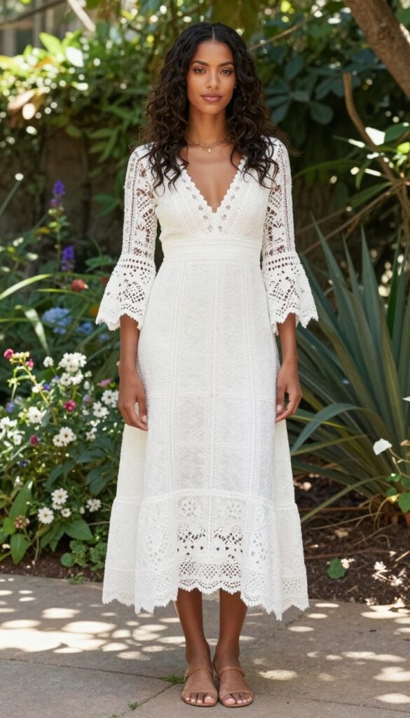 Black woman in white crochet lace A-line gown with bell sleeves, standing in sunlit garden, boho wedding outfit.