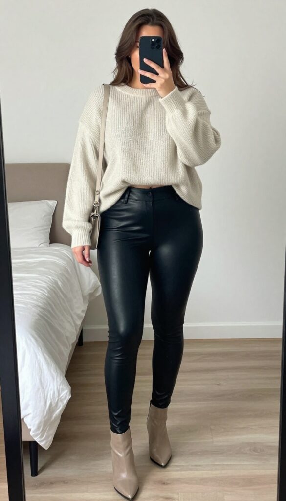 Woman in black faux leather leggings and cream sweater, taking a mirror selfie with phone partially covering face, in bedroom setting.