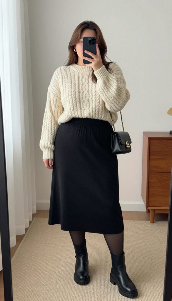 Plus-size woman in cropped cream sweater and black pleated skirt, taking a mirror selfie, with ankle boots and crossbody bag, cozy chic outfit.