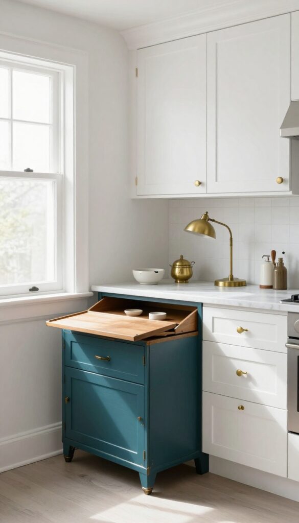 Repurposed vintage teal secretary desk in a bright kitchen with coffee station and task lamp