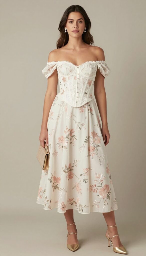 Woman in off-shoulder floral corset gown with full skirt, pearl earrings, gold heels, and clutch in elegant ballroom.