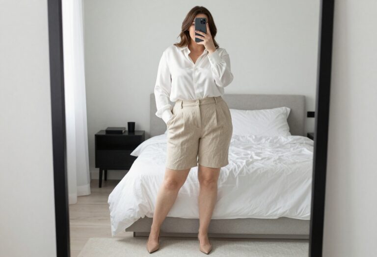 Woman in beige linen shorts and white silk blouse taking a mirror selfie in bedroom