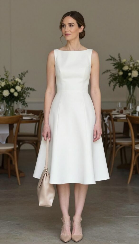 A woman in a white square neck wedding dress with nude strappy heels and a beige satin clutch, standing in a softly lit reception space.