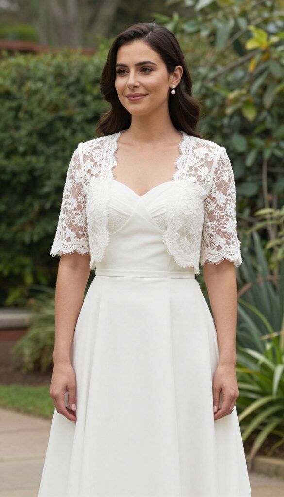 Woman in sweetheart wedding dress with lace bolero and pearl studs in garden