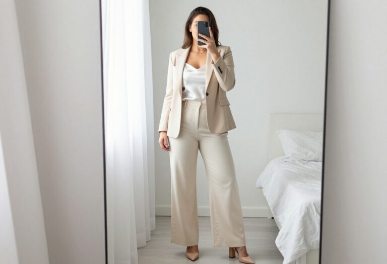 Woman in camel blazer and wide-leg trousers taking a mirror selfie in bright bedroom