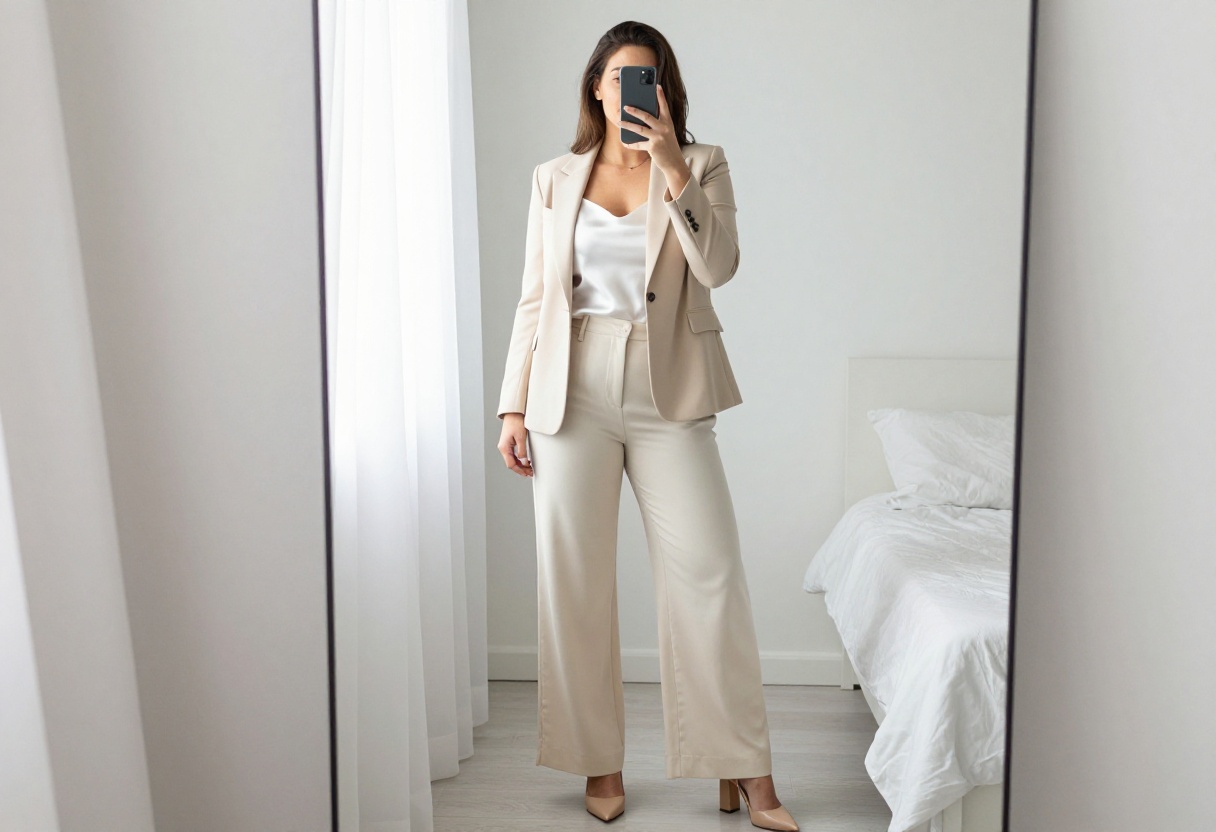 Woman in camel blazer and wide-leg trousers taking a mirror selfie in bright bedroom