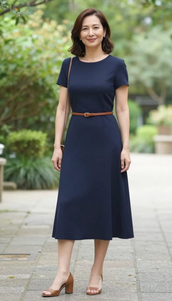 Petite woman over 50 in navy A-line midi dress with belt at outdoor garden wedding