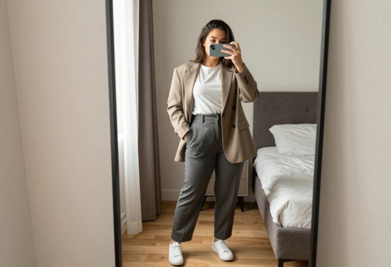 Young woman taking a mirror selfie in business casual outfit with blazer, trousers, and sneakers in a bright bedroom.