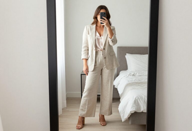 Woman in linen blazer and wide-leg trousers taking a mirror selfie in bedroom
