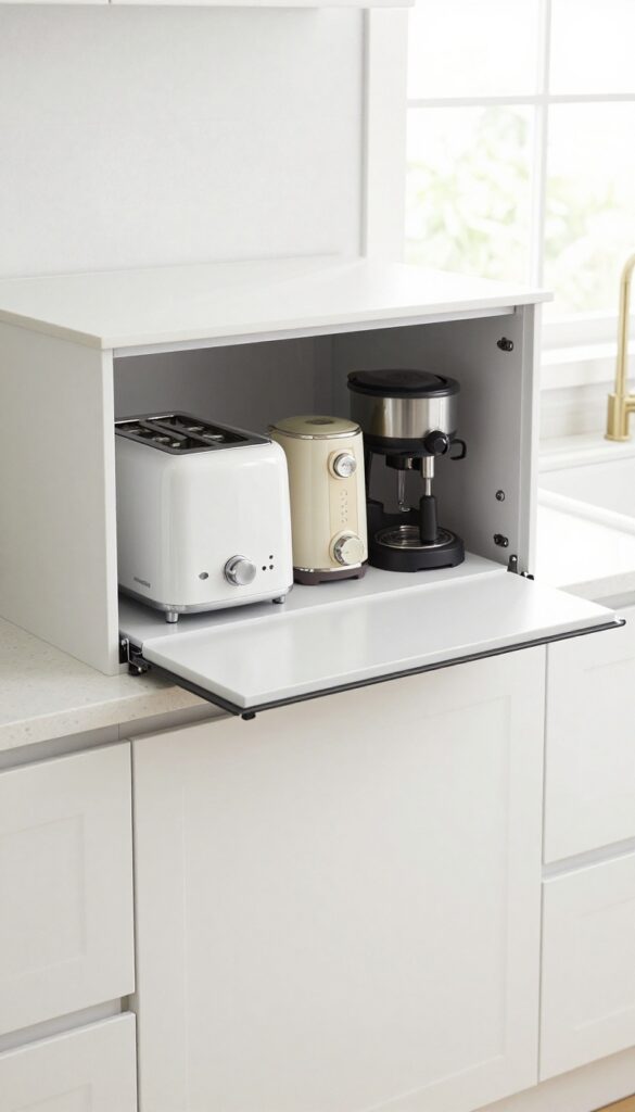 Modern kitchen with appliance garage hiding toaster, blender, and coffee maker, clean countertop, bright natural light