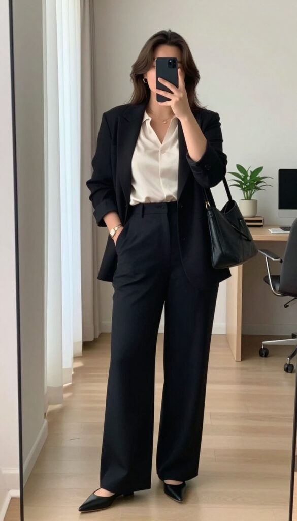 Plus-size woman in a structured black blazer and high-waisted wide-leg trousers, taking a mirror selfie in a bright office setting, showcasing a polished workwear look.