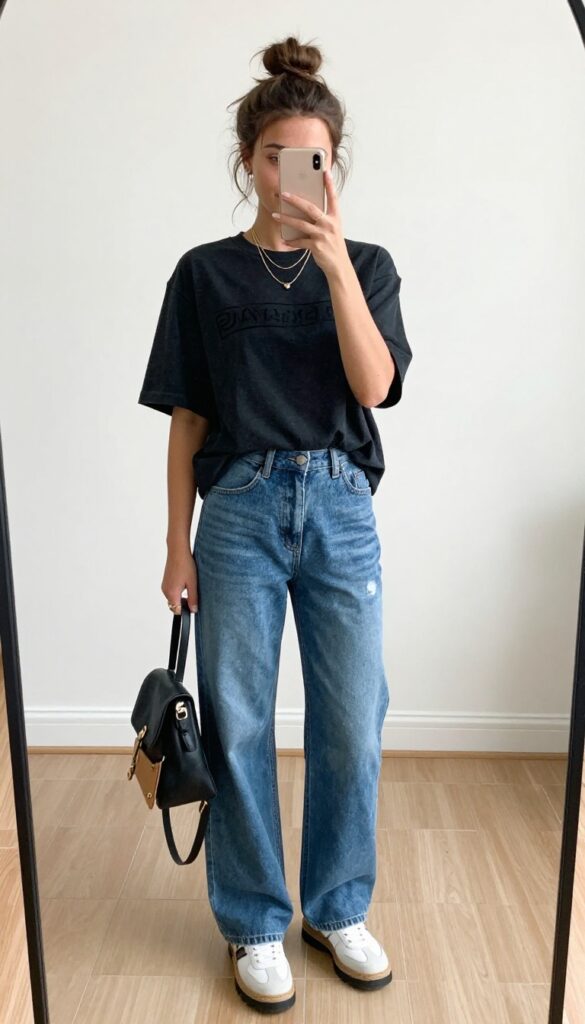 Woman taking a mirror selfie wearing a graphic tee tucked into light wash wide leg jeans, chunky sneakers, and a crossbody bag, with a messy bun and layered necklaces.