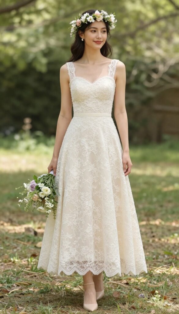 Young adult woman with fair skin and brown hair wearing ivory lace A-line wedding dress and floral crown in blooming garden, three-quarter view, natural joyful expression.