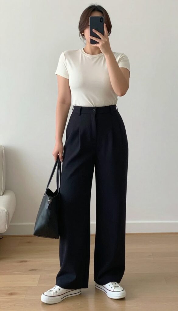 A woman in wide-leg cropped pants and a fitted shell top with platform sneakers, posing in a mirror selfie, phone partially covering her face.