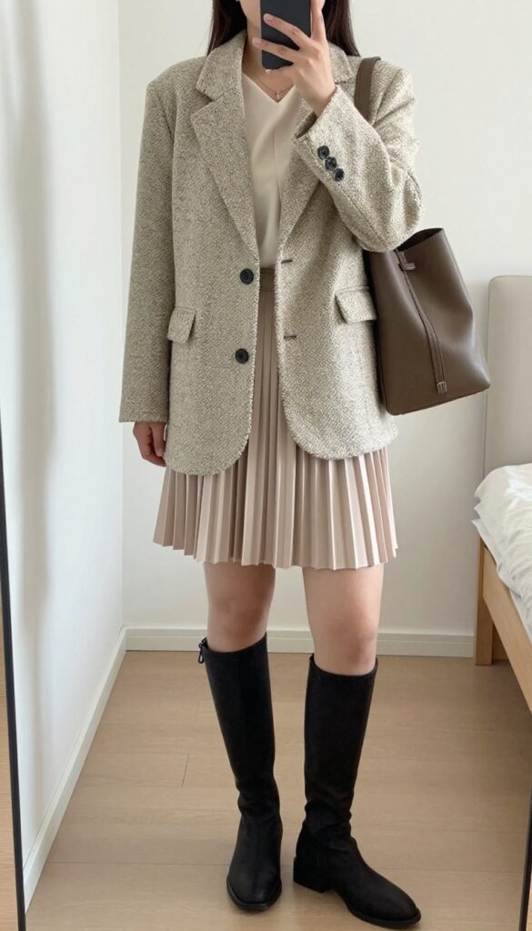 A woman in a tweed blazer, silk shell, and pleated midi skirt, posing in a business casual setting.