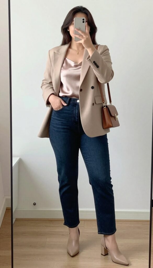 Woman in silk camisole, wool blazer, and straight-leg jeans, posing in mirror selfie.