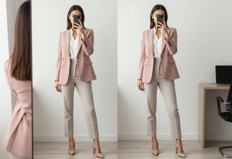 A woman in a blush pink blazer and white blouse with tailored trousers takes a mirror selfie in a bright office setting, showcasing a polished pink business casual outfit.