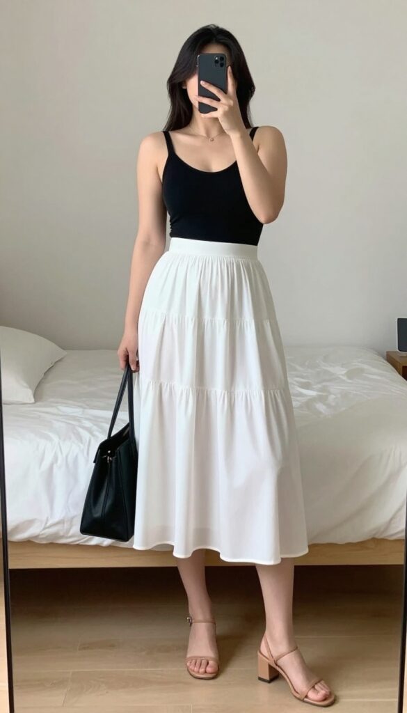 Woman in white tiered skirt and black bodysuit with strappy sandals, holding a black tote bag.