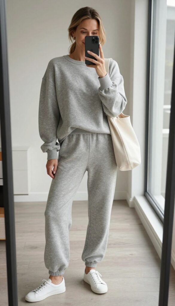 A woman in a neutral matching lounge set takes a mirror selfie, wearing white sneakers and carrying a canvas tote, in a bright, modern living room.