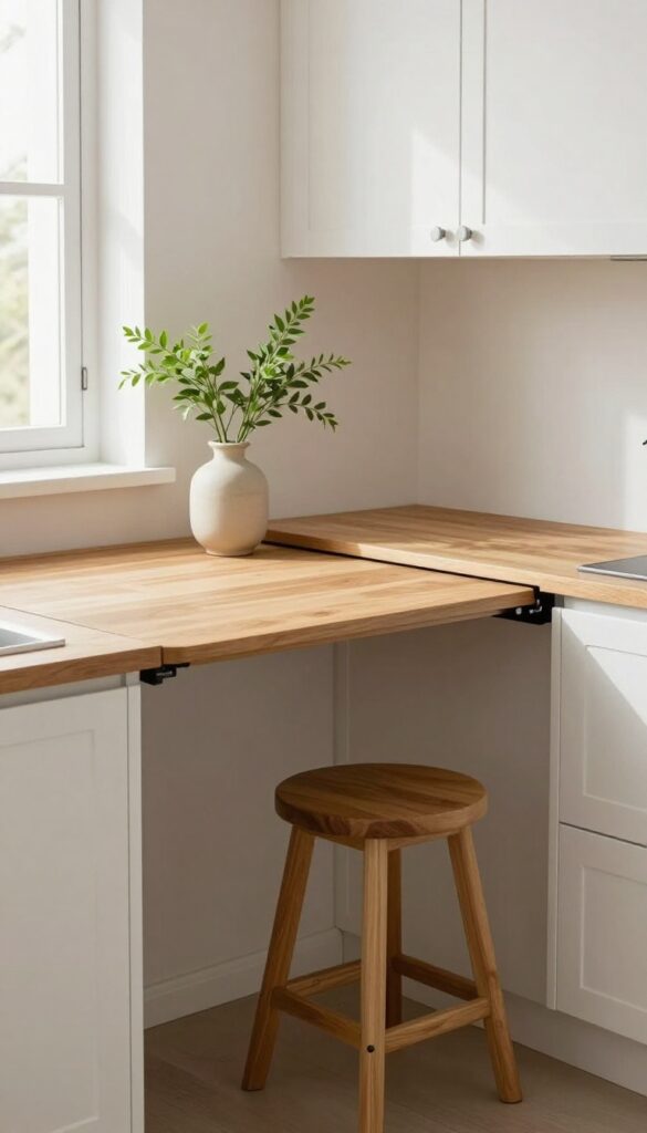 Small kitchen with a drop-leaf table against a wall, folded leaf up, vase with greenery, stool underneath, white cabinets, warm oak, natural light.