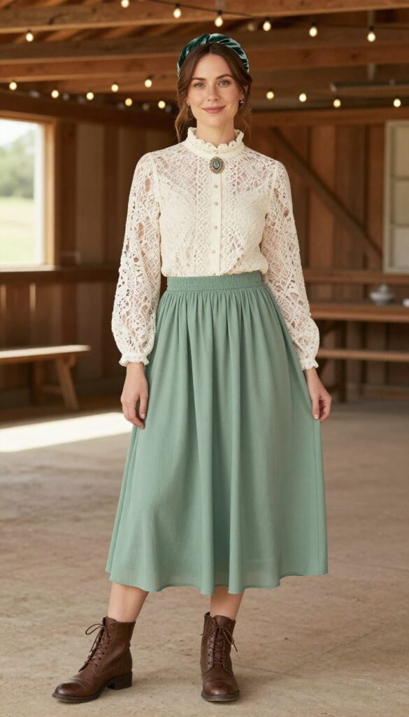 Woman in ivory lace blouse and sage green maxi skirt in rustic barn