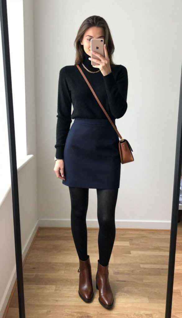 A woman in a black turtleneck tucked into a navy A-line skirt with brown ankle boots, taking a mirror selfie in a bright room.