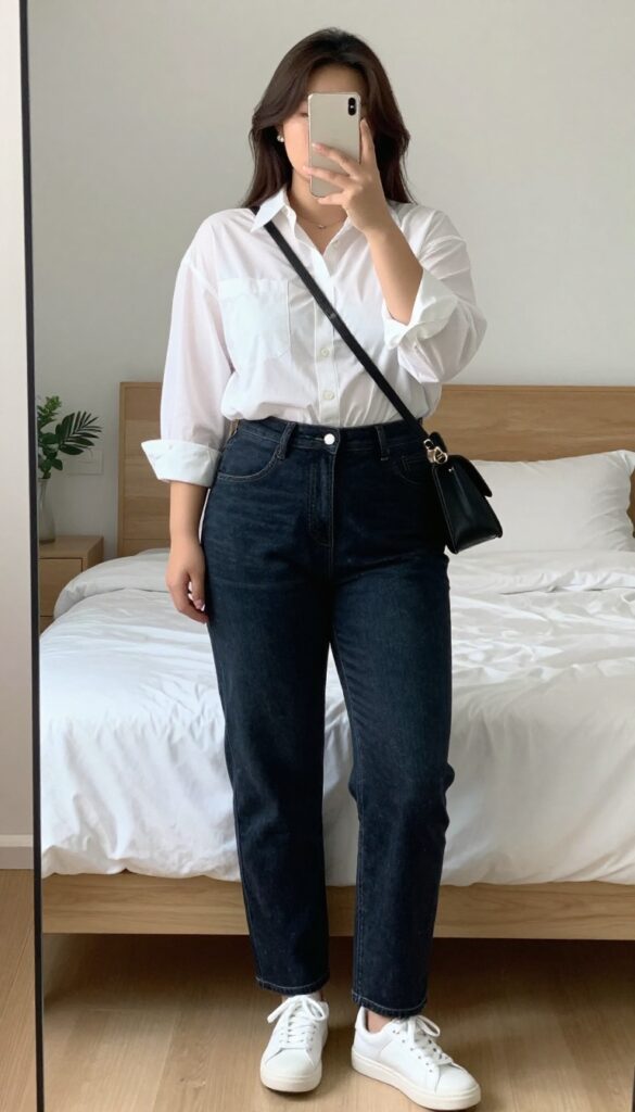 Woman in white button-down shirt and dark straight jeans with white sneakers and crossbody bag