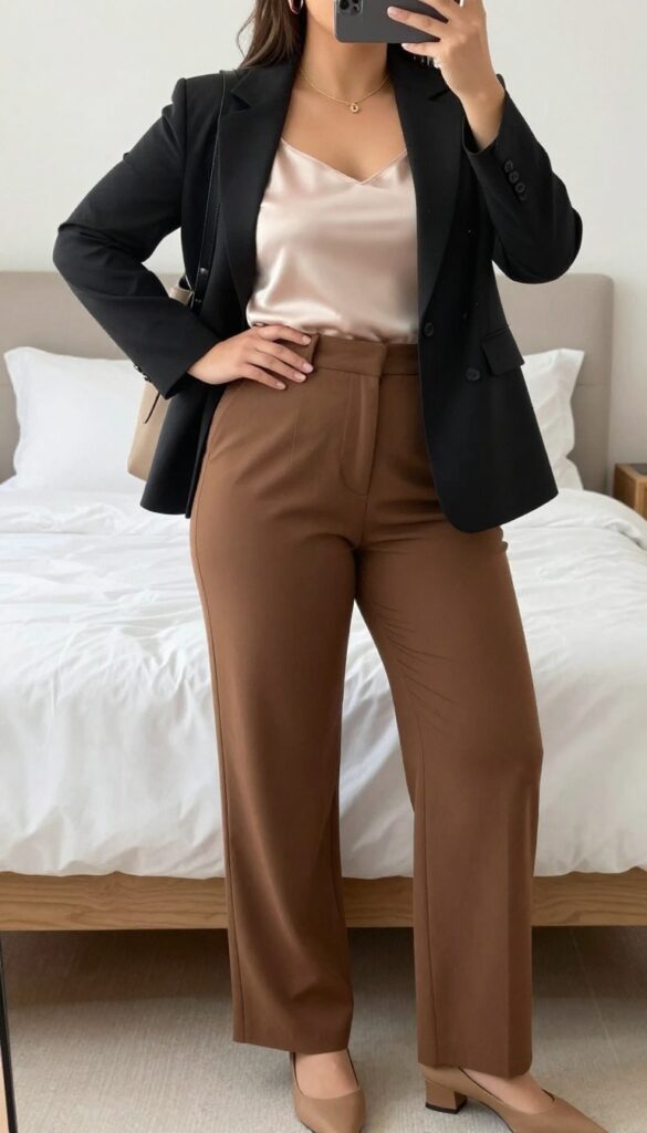 A woman in a blazer, brown pants, and silk camisole poses in a mirror selfie, phone partially covering her face.