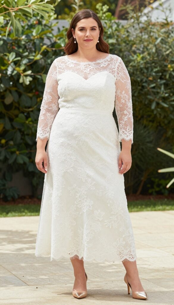 Plus-size bride in lace appliqué wedding dress with sheer sleeves and yoke, standing in a sunlit garden, smiling softly.