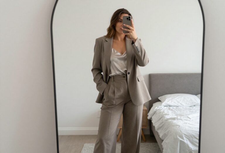 Woman in blazer and wide-leg trousers taking a mirror selfie for business casual outfit inspiration