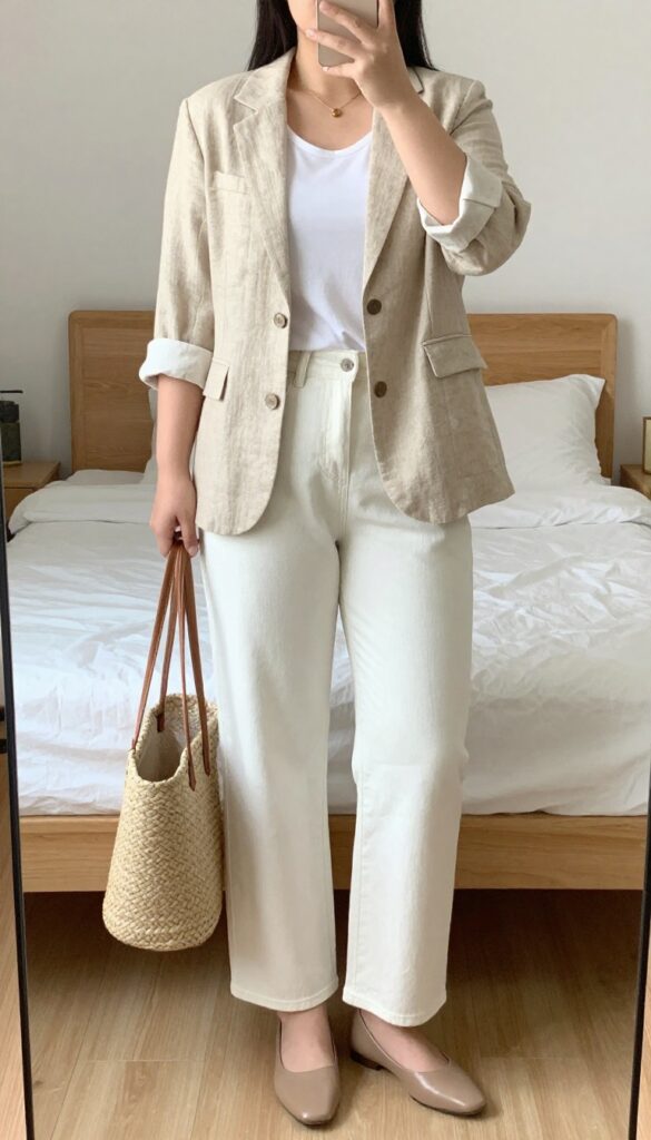 Beige linen blazer with white tee and straight-leg white jeans, nude flats, woven tote, gold necklace