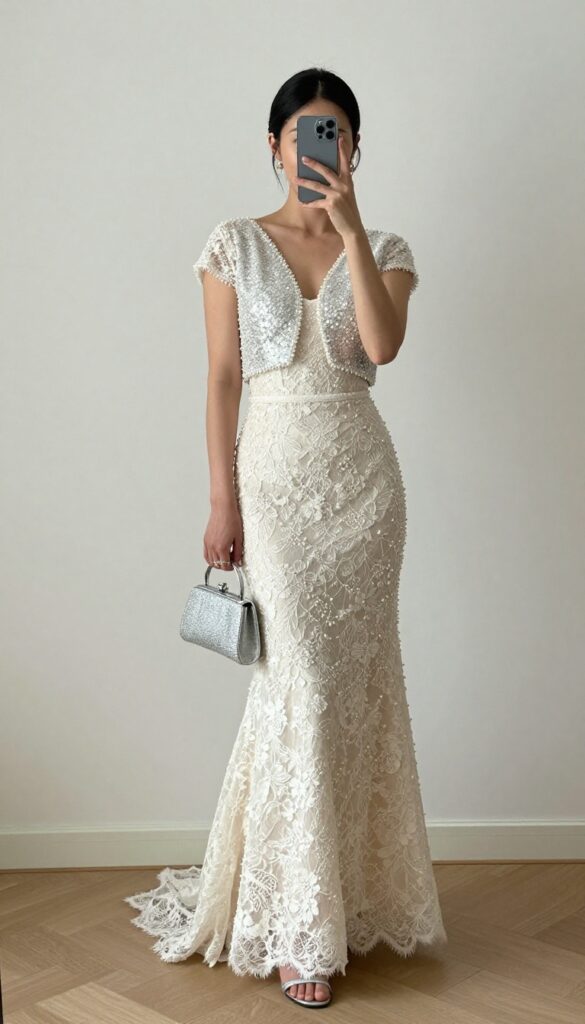 Woman in lace pearl wedding dress with silver sequin jacket, silver heels and clutch, standing in ballroom.