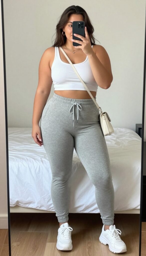 Plus-size woman in fitted crop top and high-waisted joggers taking a mirror selfie, showcasing a casual yet styled outfit with sneakers and gold accessories.