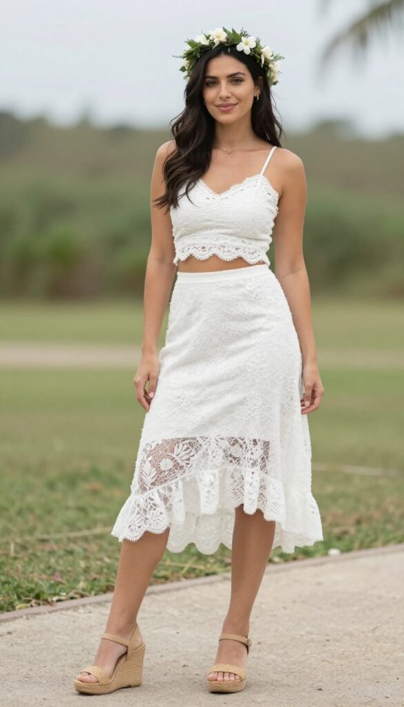 Woman in white lace crop top and high-low skirt with flower crown and wedge sandals at beach or garden
