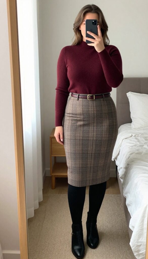 Woman in burgundy sweater, plaid pencil skirt, black tights, and ankle boots, standing in a mirror selfie pose partially covering her face with phone.