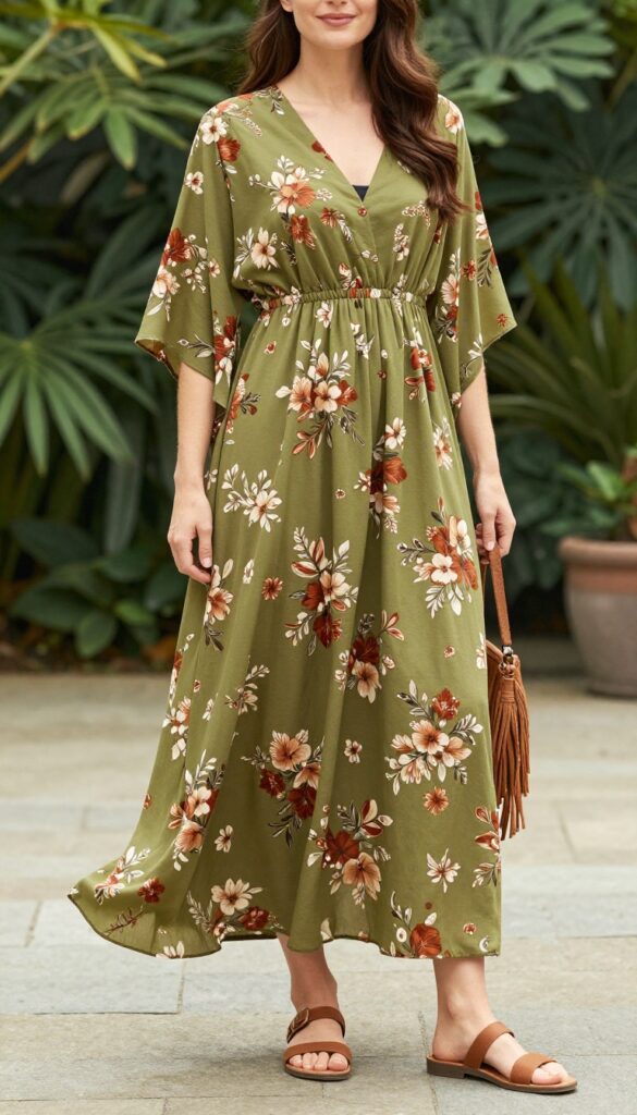 Woman in olive maxi dress and floral kimono standing in garden