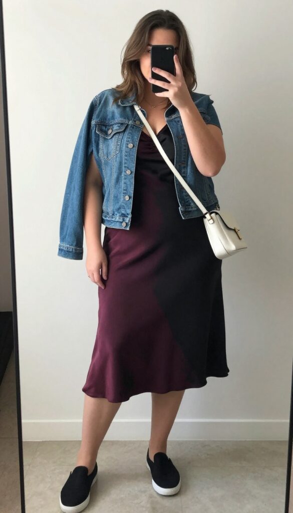 Plus-size woman in a slip dress and sneakers taking a mirror selfie, wearing a denim jacket and crossbody bag, with loose waves.