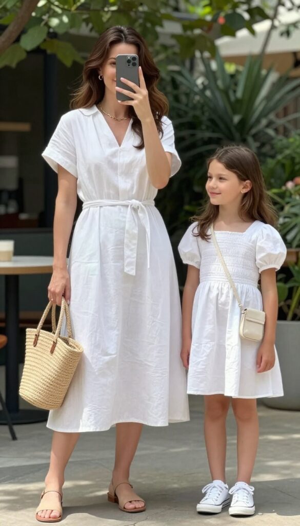 A mother and daughter wearing matching white dresses in a sunny garden. The mother wears a flowy midi dress with a belt and straw bag, the daughter wears a puff-sleeve mini dress with sneakers. They smile naturally, showcasing a coordinated yet personalized outfit for brunch or family photos.