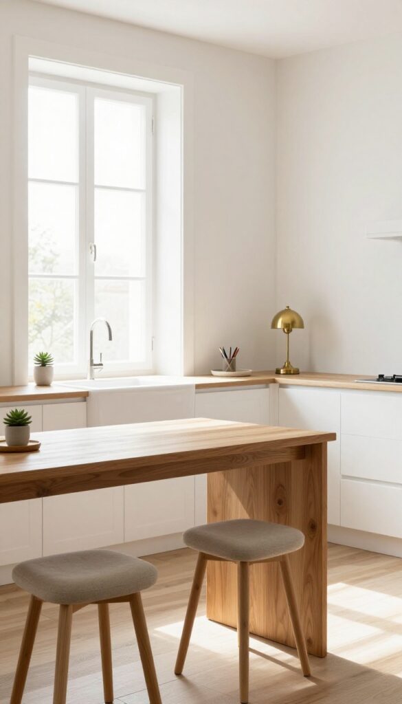 Slim console table used as a desk in a kitchen with natural light and minimal decor