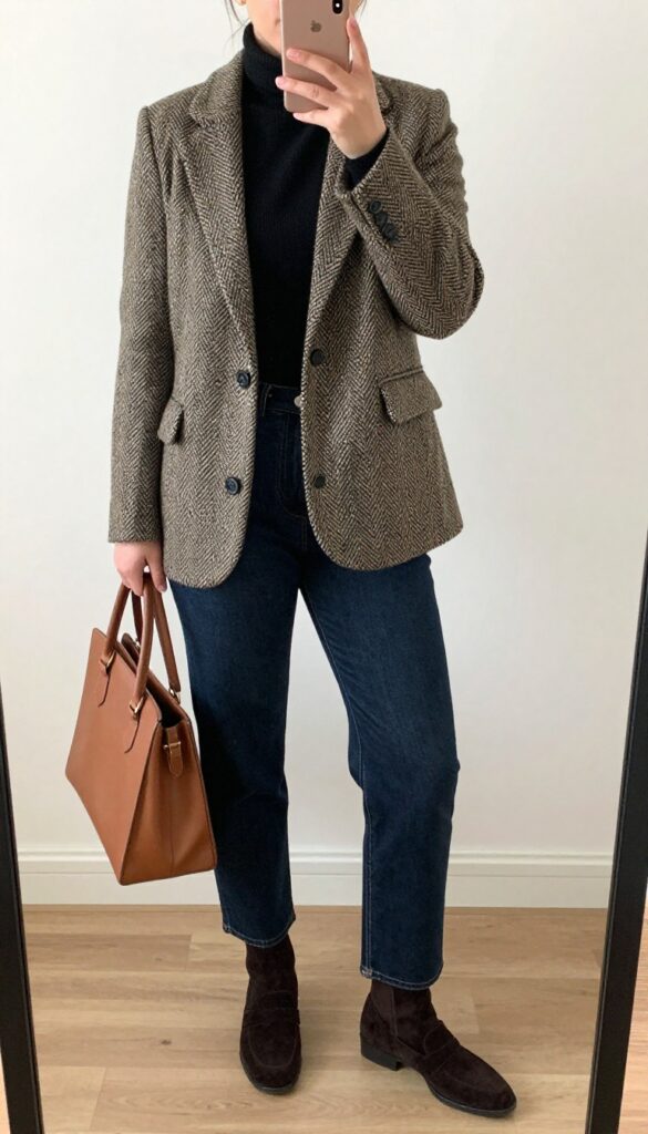 Woman in herringbone tweed blazer, black turtleneck, and dark straight-leg jeans, holding a leather satchel, standing in a bright coffee shop.