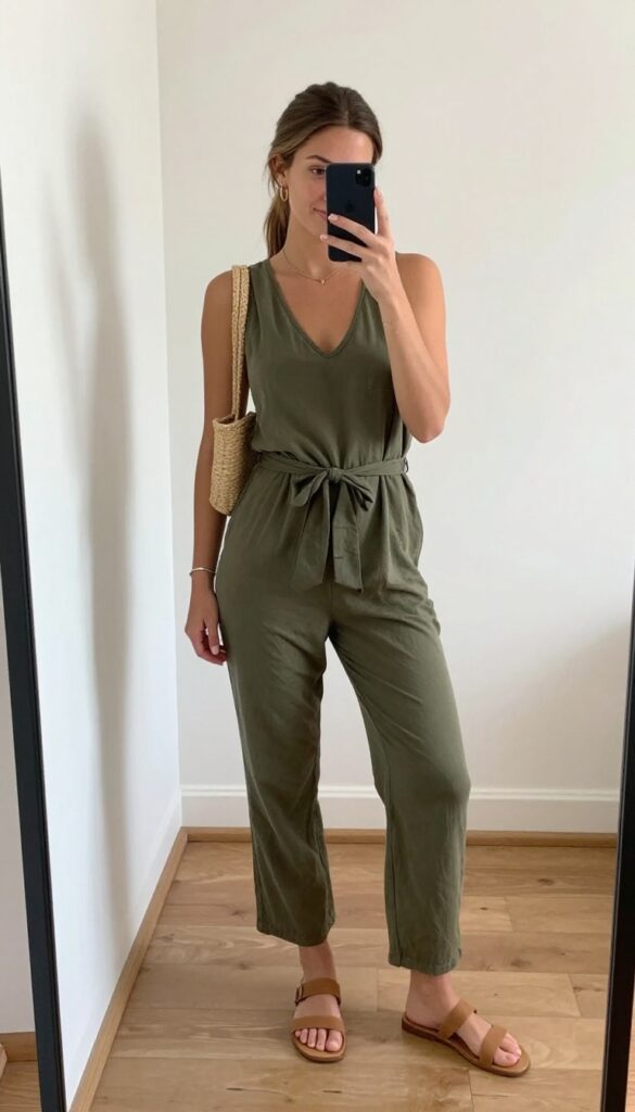 Woman in olive green jumpsuit and flat sandals taking a mirror selfie for a casual first date outfit.