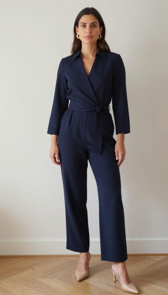 A woman in her 30s with natural body proportions wearing a navy wide-leg jumpsuit with a belt, gold statement earrings, and nude heeled mules, standing in a modern city hall lobby with marble floors and natural light.