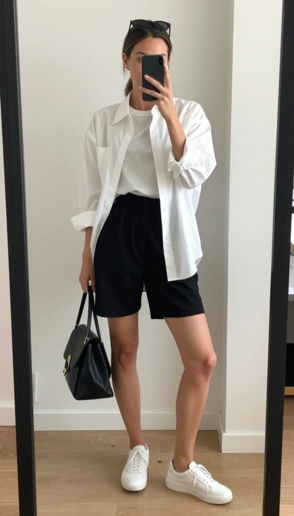 Modern mom outfit: oversized white button-down shirt with black biker shorts, chunky sneakers, and mini backpack, mirror selfie.